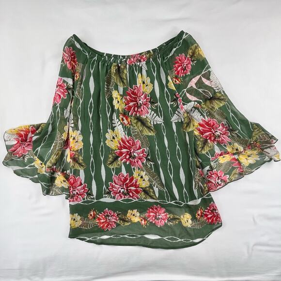 BERYL | L Green Boho Floral Bell Sleeve Sheer Top Two Piece Set with Solid Cami - Picture 7 of 7